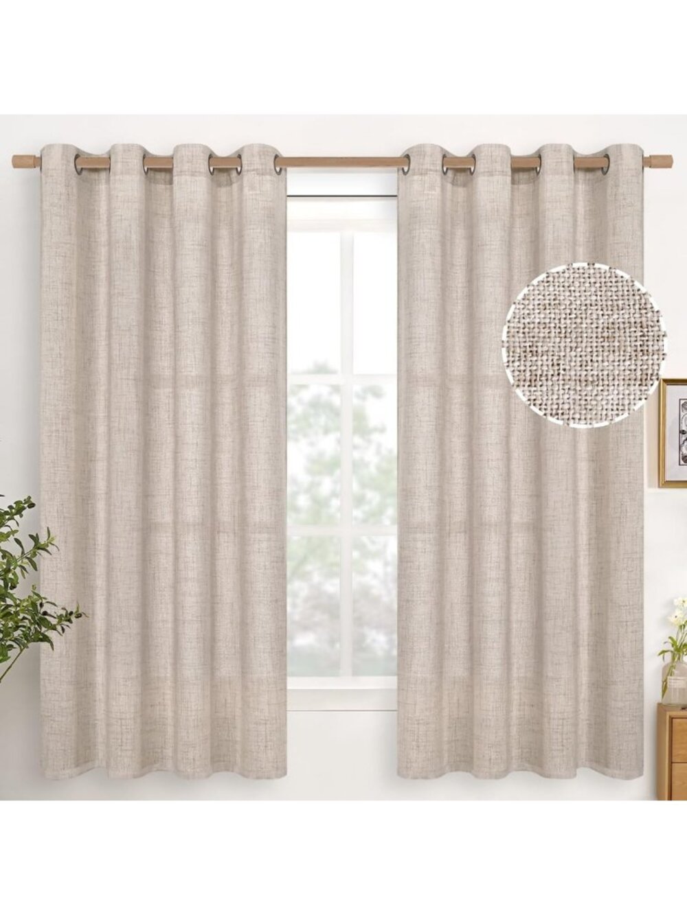 Linen Semi-Sheer Curtains 63" Length - Light Filtering Drapes, 2 Panels, Beige